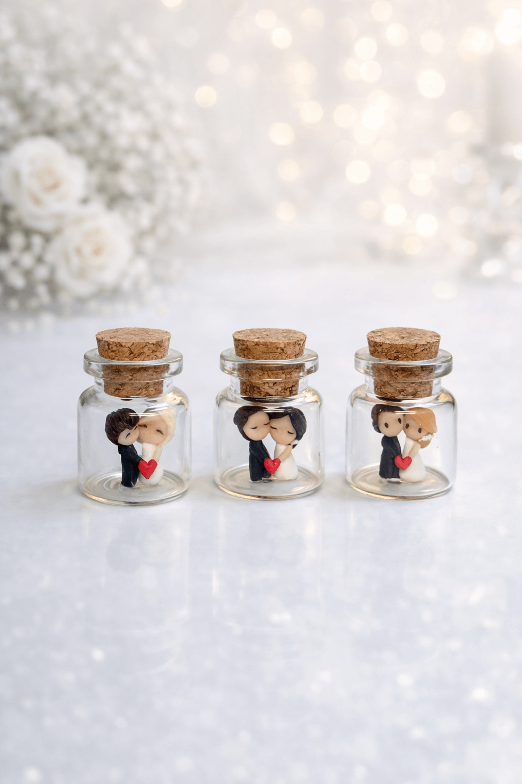 Personalizirane bočice s mini figuricama mladenaca – ručno rađene zahvalnice za vjenčanje - Image 9