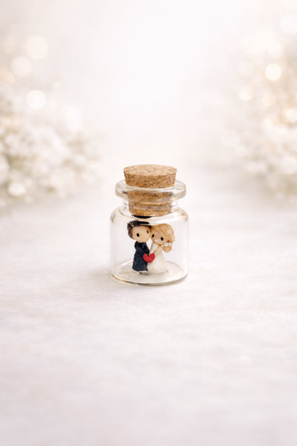 Personalizirane bočice s mini figuricama mladenaca – ručno rađene zahvalnice za vjenčanje