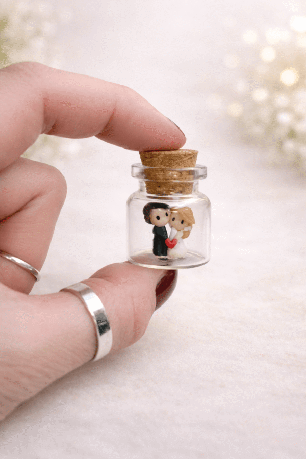 Personalizirane bočice s mini figuricama mladenaca – ručno rađene zahvalnice za vjenčanje